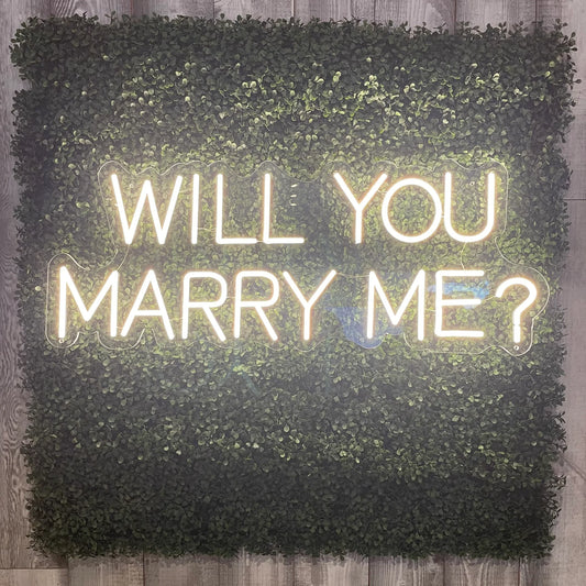 A custom neon light with the text will you marry me
