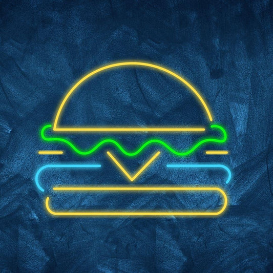 An image of a custom neon sign of a burger