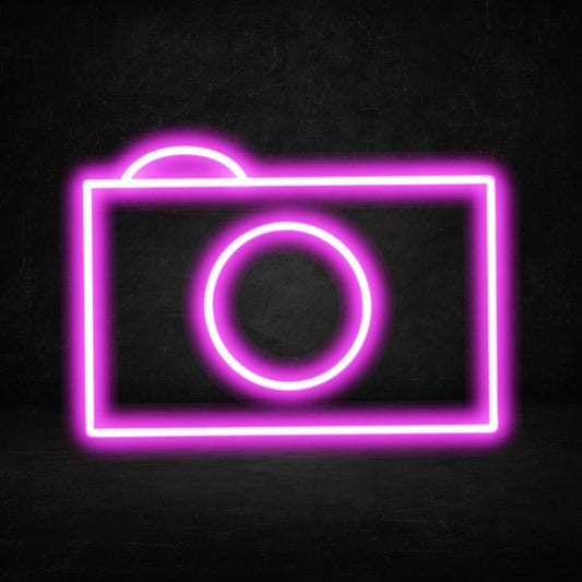 A custom neon light of a camera