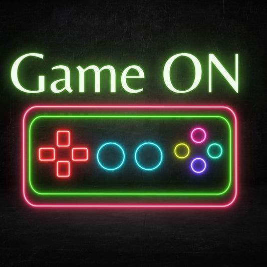 A custom neon light with the text game on above a console
