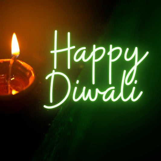 An image of a green custom neon sign with the text Happy Diwali