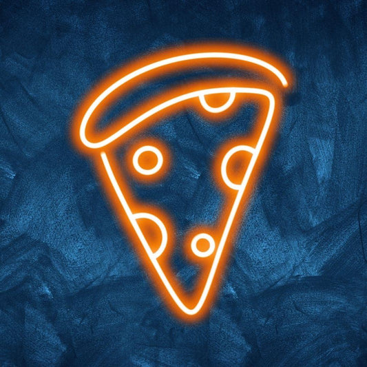 A custom neon light with of a pizza slice