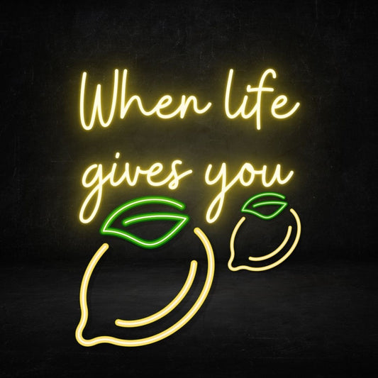 A custom neon light with the text life gives you lemons